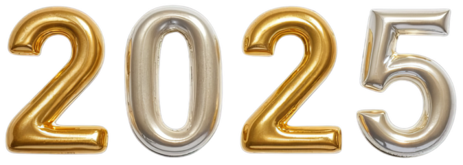 Text '2025' in golden with colorful fireworks golden white gift box and new year stuff decorative isolated on transparent background