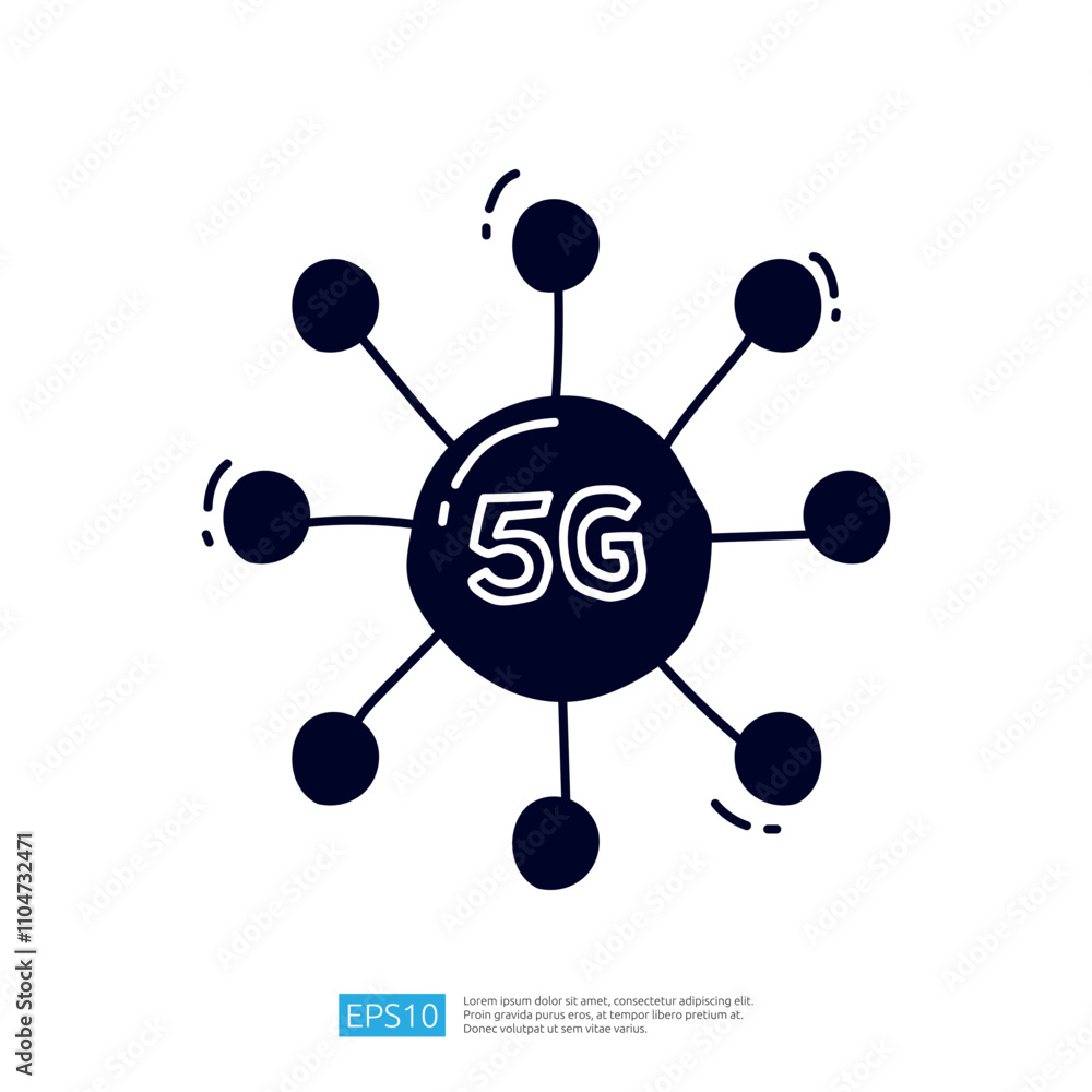 Poster a graphic representation of 5g technology, featuring a central sphere labeled 