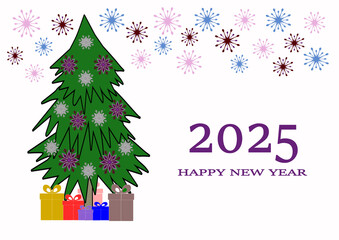 Fototapeta premium New Year card with Christmas tree, gifts, snowflakes. White isolated background.