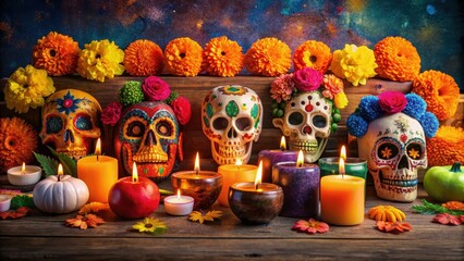 Fototapeta premium Colorful festive celebration of Mexico's Day of the Dead with vibrant decorations