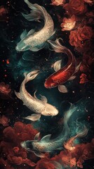 Colorful Koi Fish Swimming Amidst Flowers and Dark Water Background