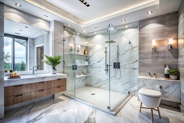 Fototapeta premium Luxurious Modern Bathroom with White Marble Shower Wall, Rainfall Showerhead, and Minimalist Chrome Fixtures for Opulent Living Spaces