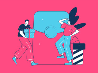 Use red envelopes to attract new customers and promote activity. Flat vector character concept illustration
