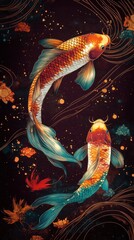 Colorful Koi Fish Swimming Underwater with Artistic Background Design