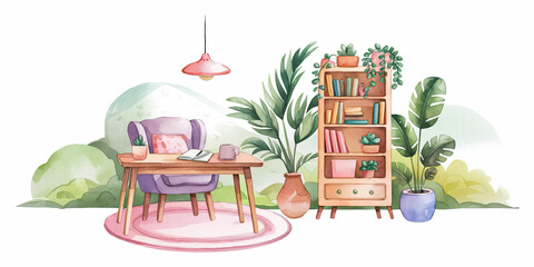 Relaxing Watercolor Scene of a Cozy Girl�s Study