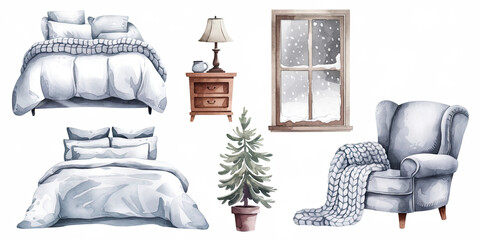 Serene Winter Bedroom Watercolor Illustration with Gentle Atmosphere
