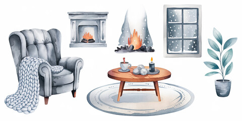 Serene Winter Living Room Watercolor Illustration with Cozy Decor