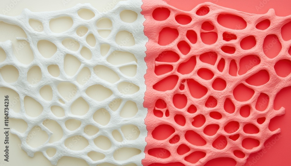 Poster a vibrant, abstract composition featuring a textured, porous pattern split between white and coral c