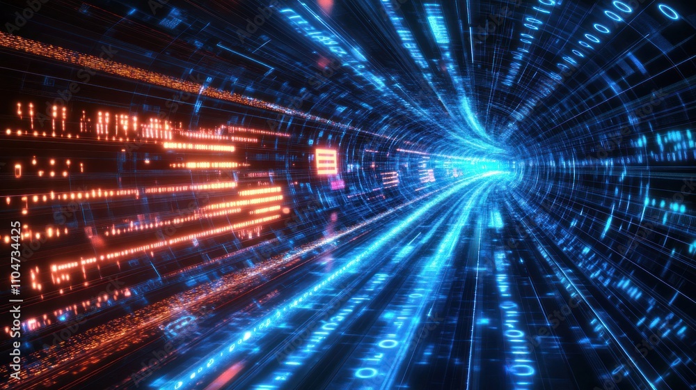 Poster a futuristic tunnel of light and data, symbolizing technology and digital connectivity.
