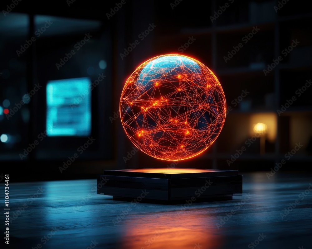 Poster a glowing, floating globe with intricate networks of light, set against a dark background, symbolizi