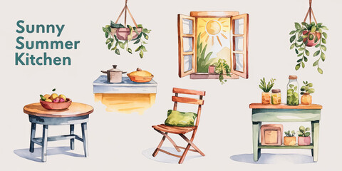 Sunny Summer Kitchen Watercolor Illustration