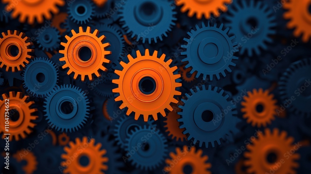 Poster a vibrant collection of interlocking gears in blue and orange, showcasing intricate mechanical desig