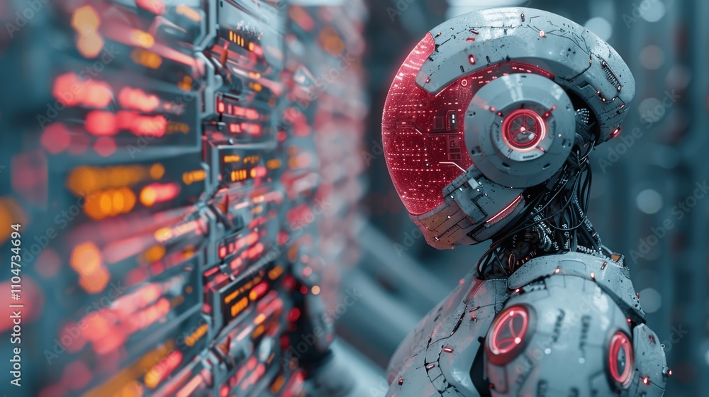 Poster ai robot analyzing data center with glowing digital code in dark blue and pink cinematic style