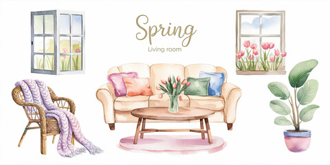Tranquil Spring Living Room Watercolor Illustration
