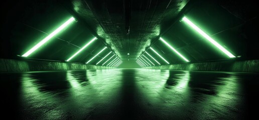 Futuristic Neon Green Underground Tunnel with Geometric Patterns and Reflection in Dark Concrete