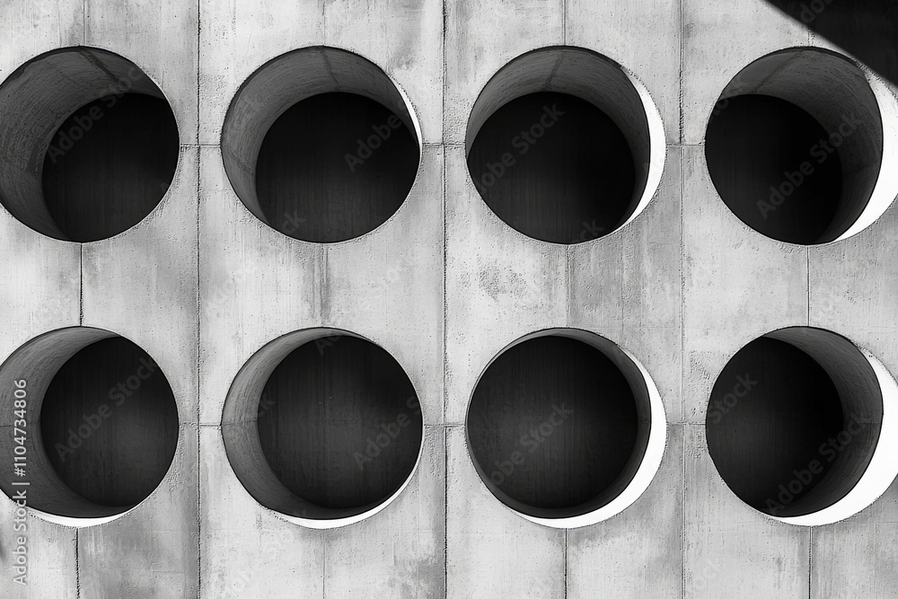 Poster this monochrome image features a grid of circular holes in a concrete wall, creating a repetitive ge