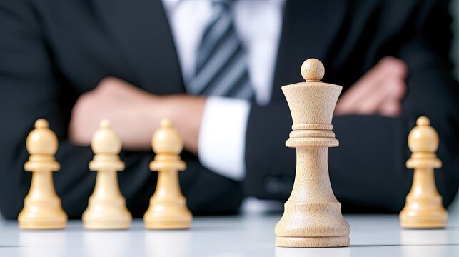 Business sales negotiation concept. A poised figure in a suit stands behind a chessboard, focusing on a central king piece, symbolizing strategy and leadership.