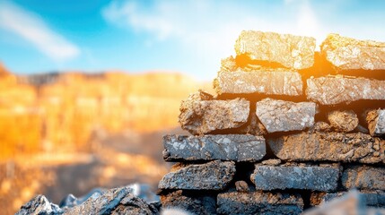 A close-up of weathered bricks against a sunlit backdrop, showcasing texture and natural elements in a rugged, outdoor setting.