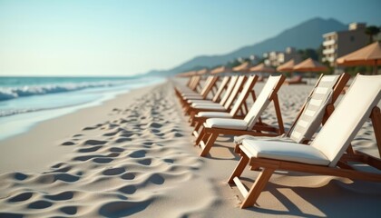  Tranquil beach scene with empty lounge chairs and umbrellas