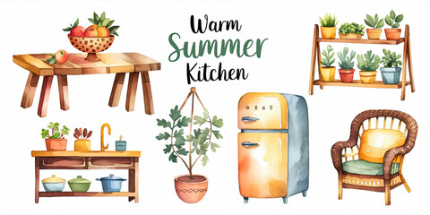 Warm Summer Kitchen Watercolor Illustration