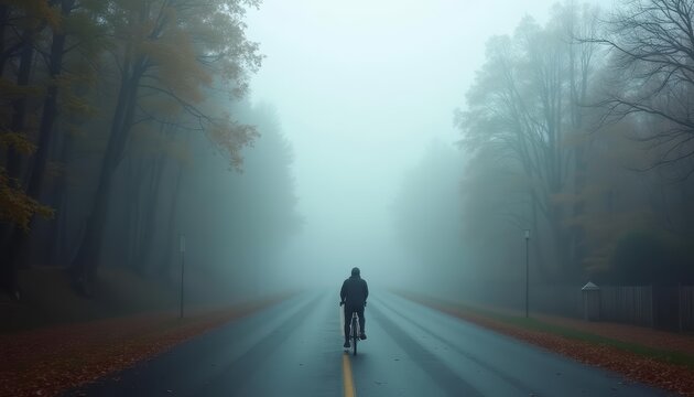 Ethereal Autumn Ride A solitary cyclist on a misty road