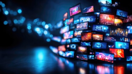 Dynamic array of movie screens depicting various genres and cinematic chaos