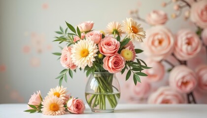 Obraz premium Elegant bouquet of pink and white flowers in a glass vase