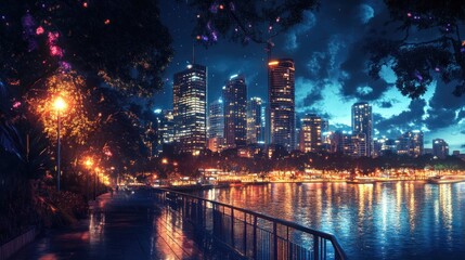 A vibrant cityscape at night, reflecting lights on the water with a serene atmosphere.