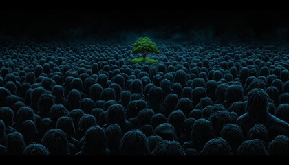Obraz premium surreal scene depicting vast crowd of dark figures surrounding small, vibrant green tree on isolated patch of land, symbolizing hope and individuality