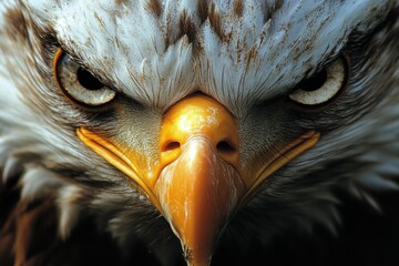 A striking close-up image of an eagle focuses on its piercing eyes and sharp beak, representing strength, freedom, and the majestic qualities of this iconic bird.