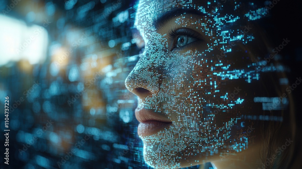 Poster digital woman ai technology future data code face cyber network innovation concept futuristic