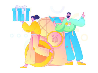 Use red envelopes to attract new customers and promote activity. Flat vector character concept illustration
