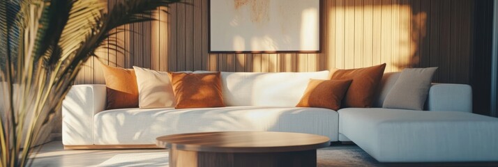 Sunlit modern living room with white sectional sofa, wooden coffee table, and tropical plant.