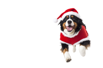 Full body shot of Bernese Mountain Dog, running happily, smiling. Wearing Christmas costume.