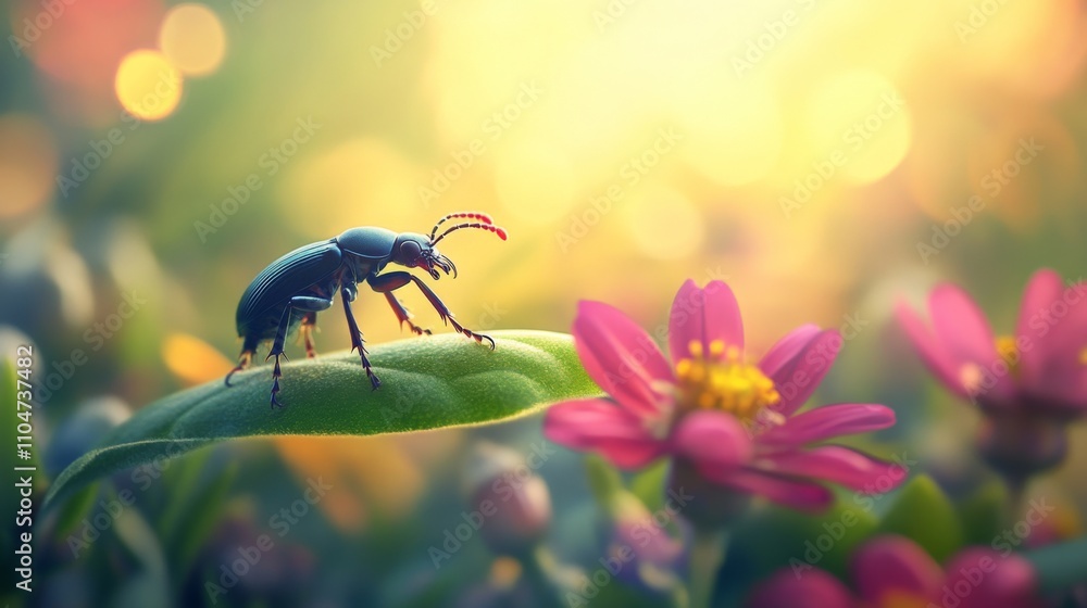 Poster close-up of insect on leaf with colorful flowers in background