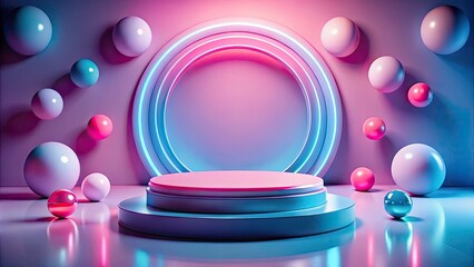Obraz premium Stunning 3D Rendering of a Pink and Blue Podium with Glowing Circle and Floating Spheres for Modern Product Photography