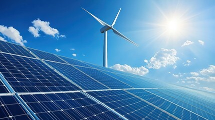A wind turbine standing tall in a field of solar panels