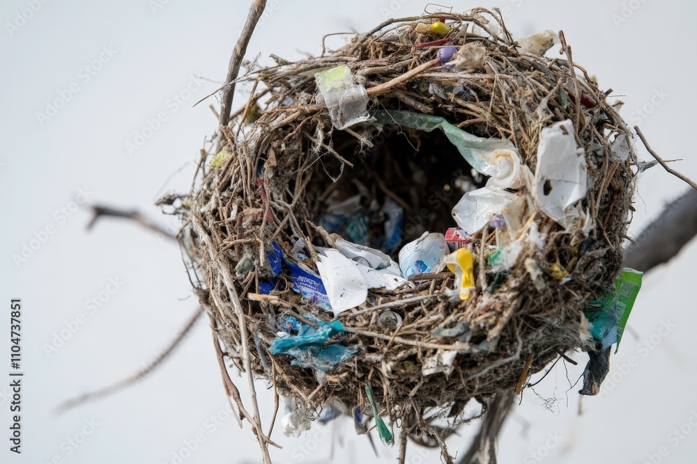 Wall mural An intricate bird's nest constructed from twigs and urban waste materials, highlighting themes of adaptation and the intersection of nature and urbanization.