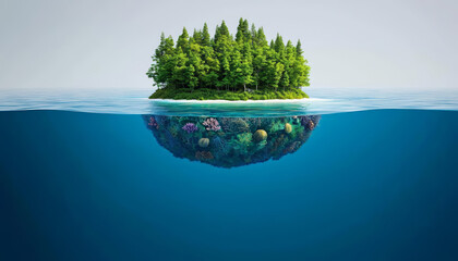 vibrant island ecosystem with lush trees above water and colorful marine life below, showcasing beauty of nature balance
