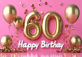 60th Birthday Celebration with Gold Balloons and Pink Background