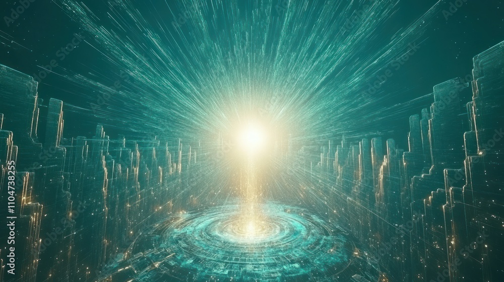 Aufkleber a luminous burst emanates from a circular core, surrounded by crystalline structures.