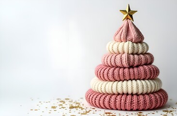 A creative knitted Christmas tree with a gold star and sequins on a white background. New Year's card with knitted decor