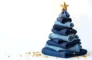 Christmas tree made of jeans and denim on a white background with a place for text. Creative postcard for jeans and fabric production