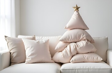 Christmas tree made of a soft blanket and pillows on the sofa near the window. Creative New Year's card for furniture and textile accessories stores for home. Cozy living room on Christmas morning