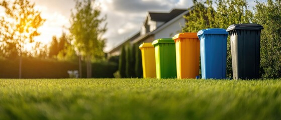 Color-coded waste bins lined up in a suburban neighborhood, promoting recycling and environmental responsibility.