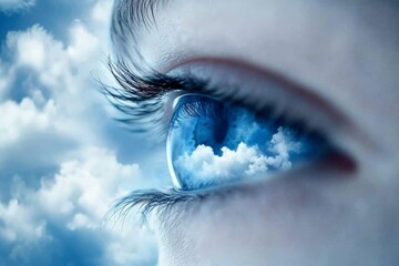 A human eye reflecting a vibrant blue sky with scattered, fluffy clouds, creating a surreal and dreamy visual perspective that merges nature with the human gaze.