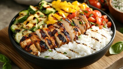 Grilled Chicken Bowl with Vegetables and Rice in a Black Dish