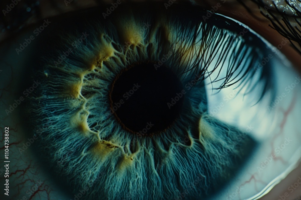 Poster an artistic macro shot of an eye's iris, revealing its vibrant colorations, intricate patterns, and 