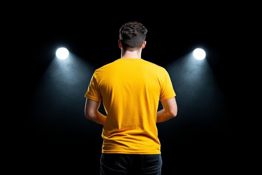 A comedian performing a stand-up routine on stage, with the audience laughing uproariously in the spotlight glow