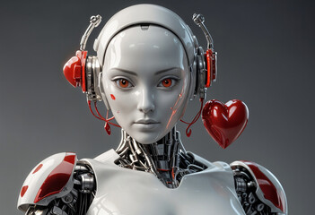 white metal glossy robot with woman bold face with a red heart reminiscent of the human heart cinematic light
